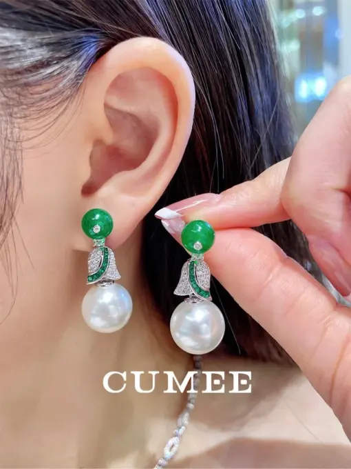 CUMEE. 925 Sterling Silver Earrings for Women with Jade Chalcedony and Artificifial Pearl Earrings. 925 Silver Gold-plated