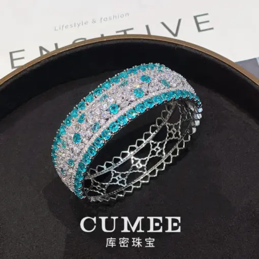 Cumee Fashion Luxury Open Mouth Bracelet Artificial Paraiba Color Wide Cut Hollow Bracelet. Silver Gold-plated