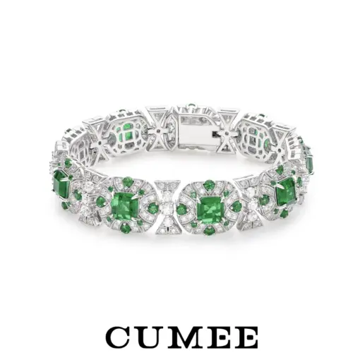 CUMEE Classic full diamond luxury cultivated emerald bracelet for Women. Silver gold-plated