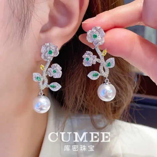 Cumee Dainty Flower Luxury Artificial Pearls Lab Created Gemstone Drop Earrings for Women 925 Silver Gold Plated