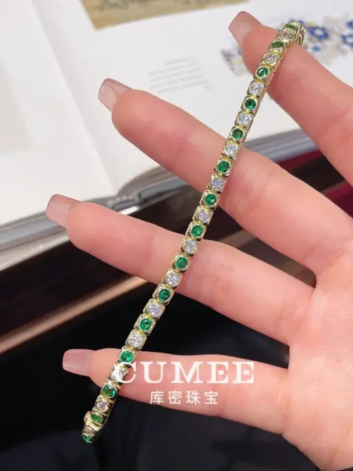 CUMEE 925 Silver Bracelet for Women Personalized Design Cultivated Synthetic Emerald Green Bracelet Silver Gold Plating