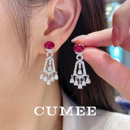 Cumee Cultivates Ruby Drop Earrings with Tassels Cubic Zirconia 925 Sterling Silver Gold-plated Earrings