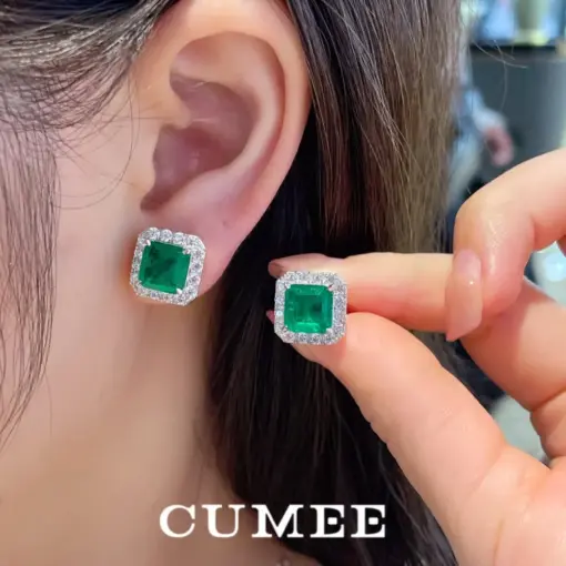 CUMEE Classic Small Carat Stud Earrings for Women square emerald Silver plated gold earrings Birthday/Christmas Gift