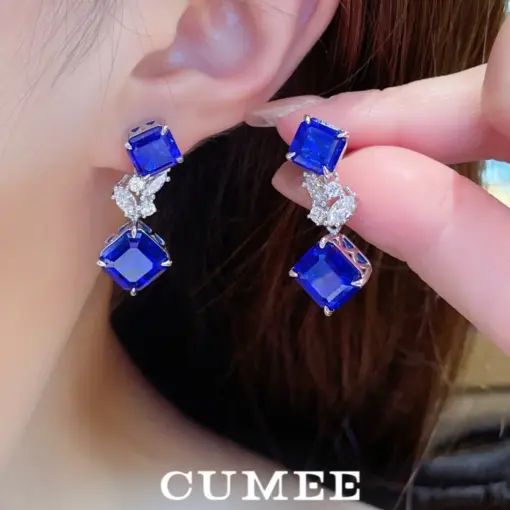 CUMEE Simple Square Design Fashionable and Luxurious Cultivated Sapphire Earring for Women, Silver Gold-plated