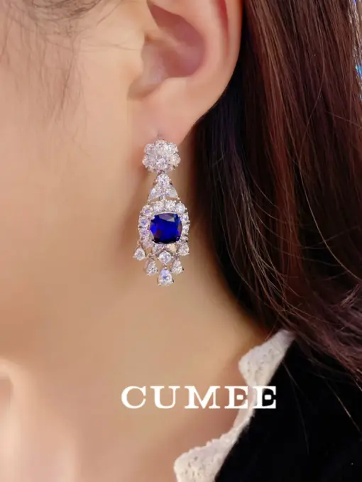 CUMEE. New Love Drop Earrings for Women Luxury Royal Blue Cultivated Synthetic Blue Gemstone Silver Plated Gold Earrings