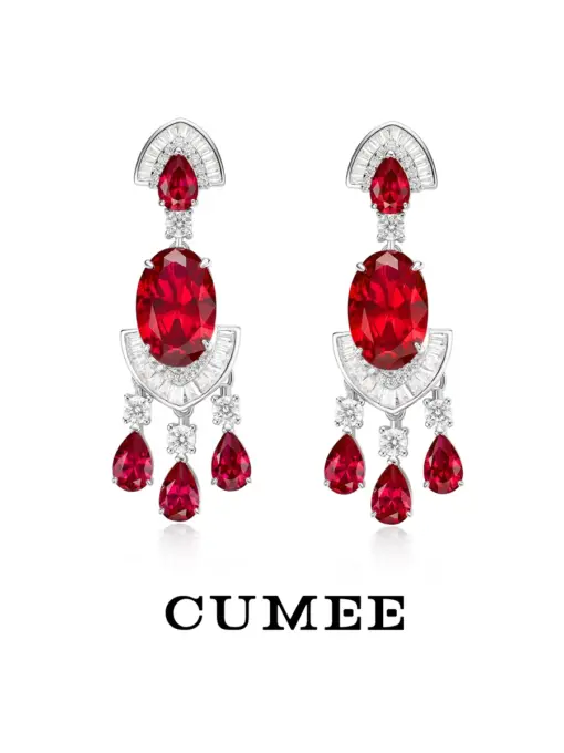 CUMEE Fashion Dinner Party Design Pigeon Blood Red Cultivated Synthetic Ruby Earrings Women 925 Silver Gold Plating