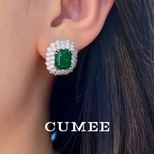 Cumee Fashionable Cultivation Emerald Synthetic Stud Earrings for Women Girls. 925 Silver and Gold Plated