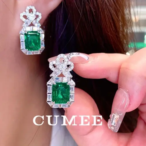 CUMEE Fashionable Classic Square Cultivated Synthetic Emerald Earring for Women. 925 Silver Plated Gold