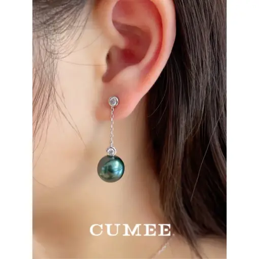 CUMEE Simple Luxury Simulated pearl Peacock Green Bead Drop Earrings Women Silver Plated Gold Earrings