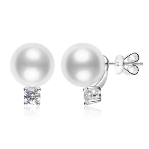 CUMEE White Round Bead Faux Pearl Earring for Women 925 Sterling Silver Plated Gold Studs Earrings CZ Diamond Pearl Earrings