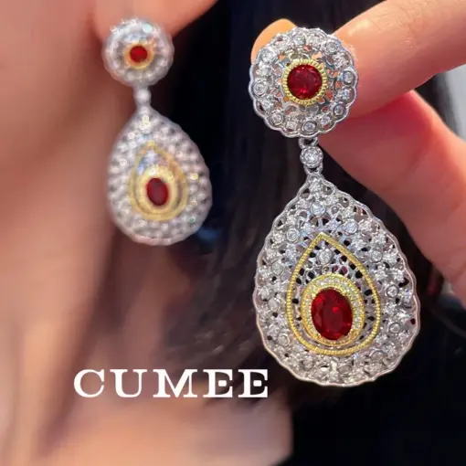 CUMEE Retro Design Pigeon Blood Red Cultivated Synthetic Ruby Drop Earrings 925 Silver Gold Plating