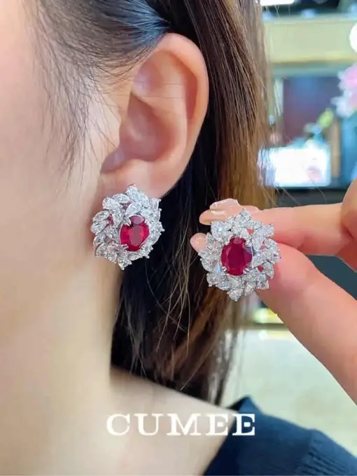 Cumee Designer's Cultivation Cubic Zirconia Pigeon Blood Red Gemstone Stud Earrings. 925 Silver Gold-plated