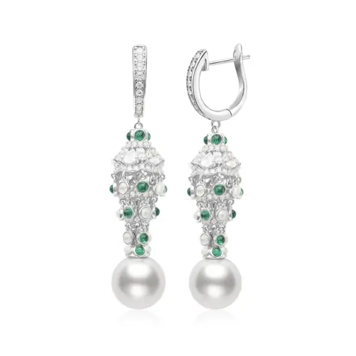 CUMEE Green Paired White Artificial Pearl Earring Women Gemstone 925 Sterling Silver Gold Plating Party Anniversary Gift