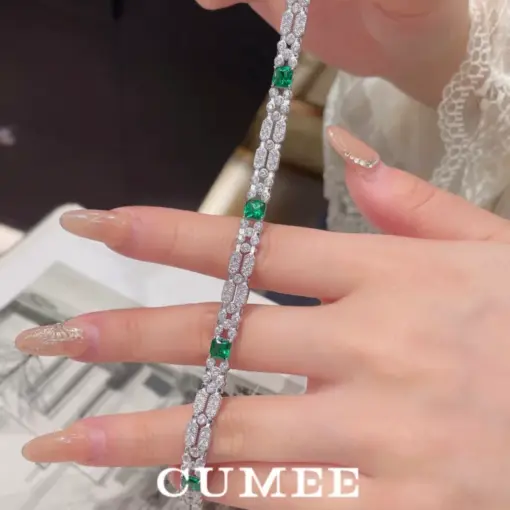 Cumee 925 Sterling Silver Minimalist Daily Wear Fashion Cultivated Synthetic Emerald Bracelet for Women. Silver Gold-plated