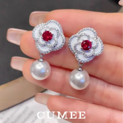 CUMEE Elegant Style Flower Design Artificial Australian White Pearl Earrings Silver Gold Plating