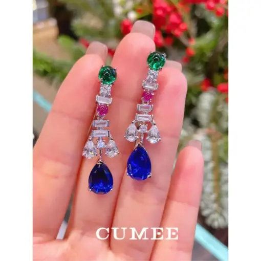 CUMEE. Royal Blue Fashion Droplet Design Cultivated Synthetic Blue Gemstone Sapphire Drop Earrings. 925 Silver Plated Gold