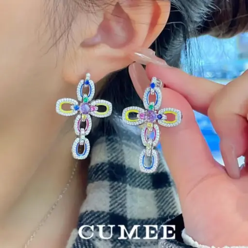 CUMEE Cross Stud Drop Earrings for Women Personalized Design Lab Gemstone 925 Sterling Silver Plated Gold Earrings