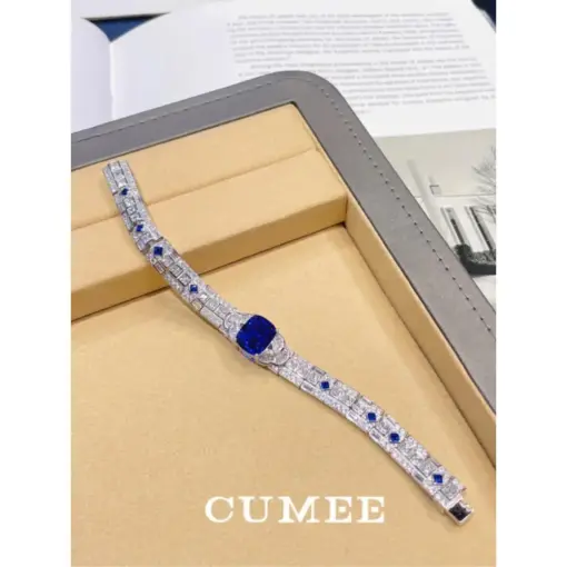 CUMEE 925 Sterling Silver Fashion Style Unisex Cultivated Synthetic Sapphire Blue Gemstone Bracelet. Silver Plated Gold