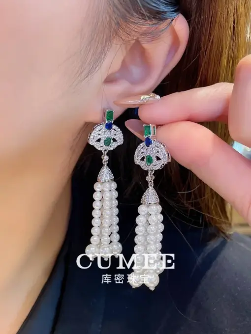 CUMEE Cultivate Gemstone Retro Simulated Pearl Tassel Earrings for Women. 925 Sterling Silver Gold-plated