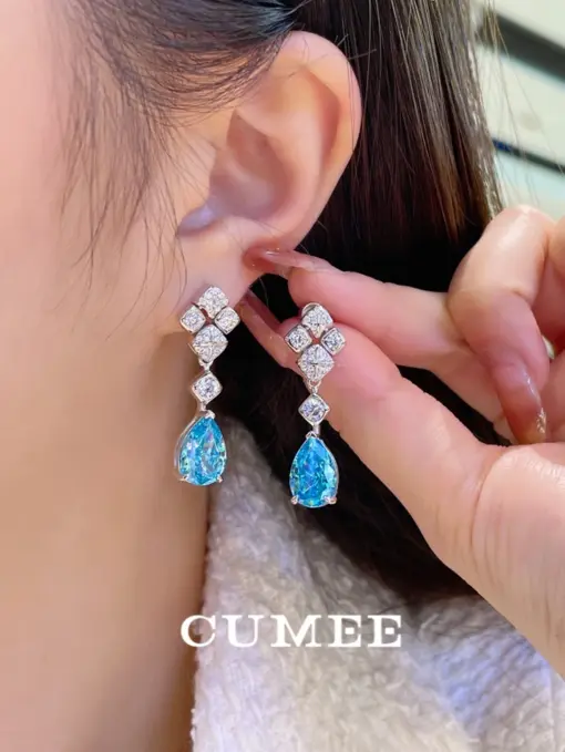 CUMEE Decorative Artificial Sea Blue Aquamarine Drop Colored Earrings. 925 Sterling Silver Gold-plated